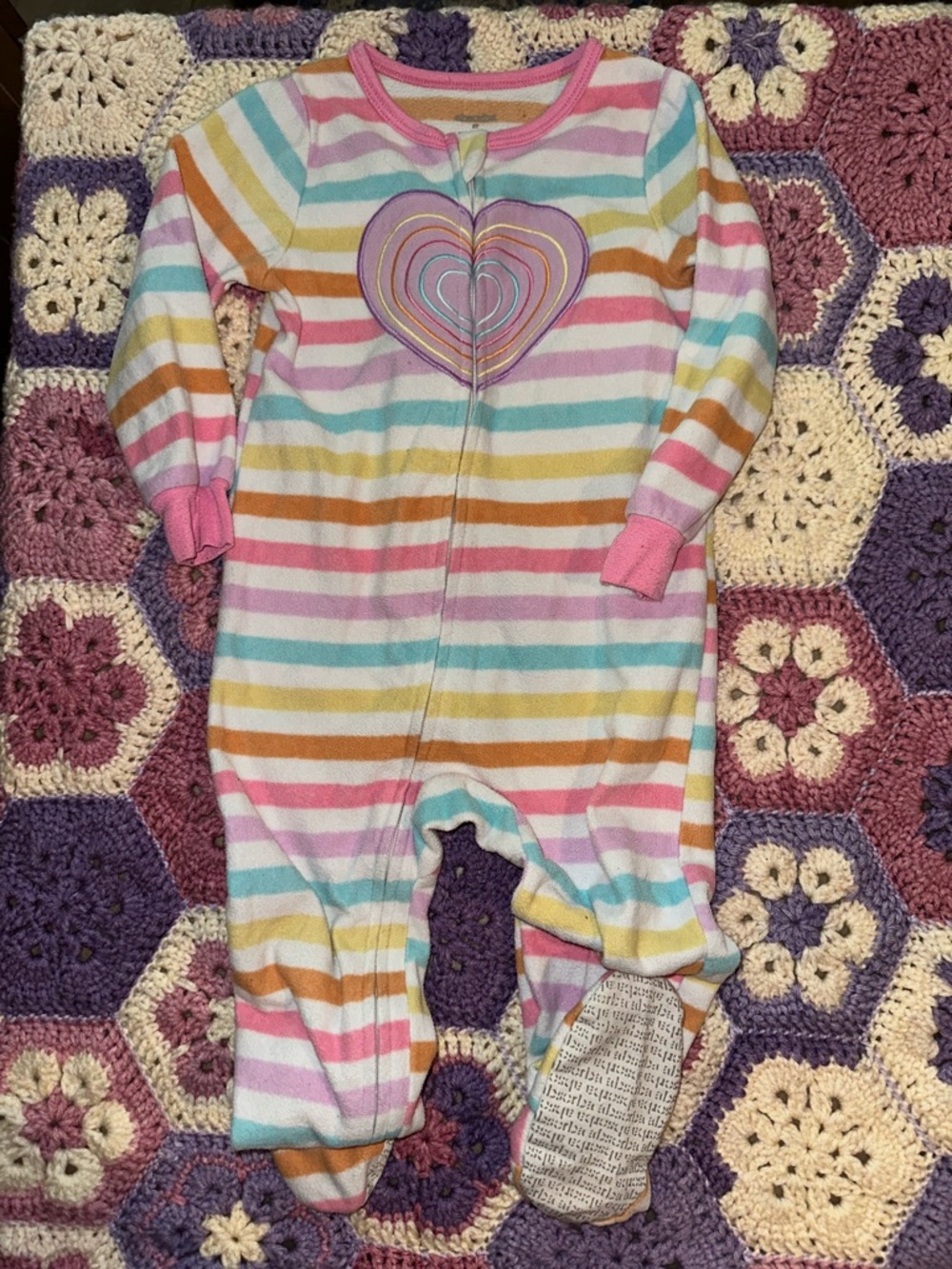 Absorba Pastel Rainbow Stripe Heart Footed One-Piece - Pink Multi